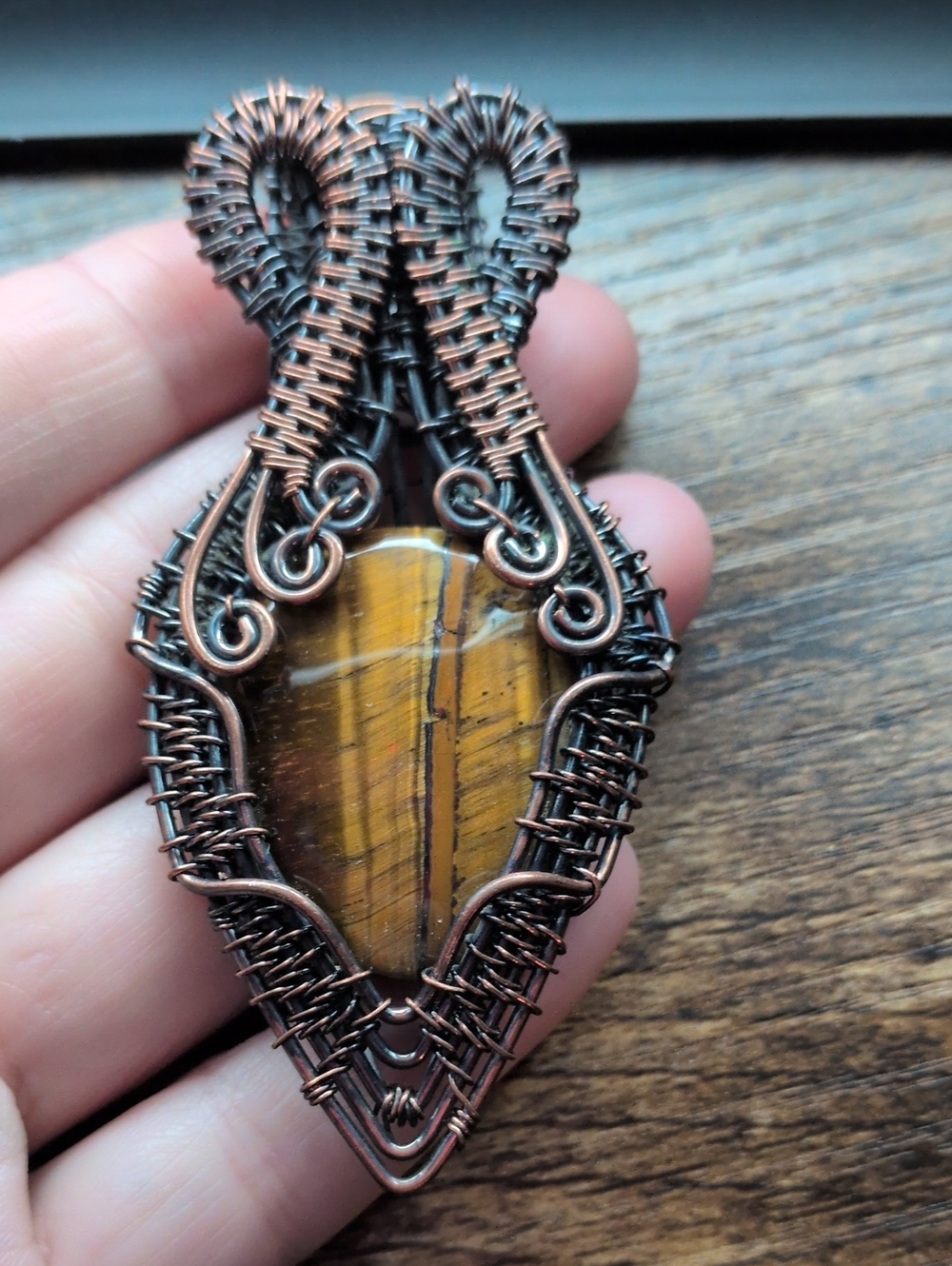 Handcrafted Copper Wire Wrapped Tiger's Eye Pendant - Brown